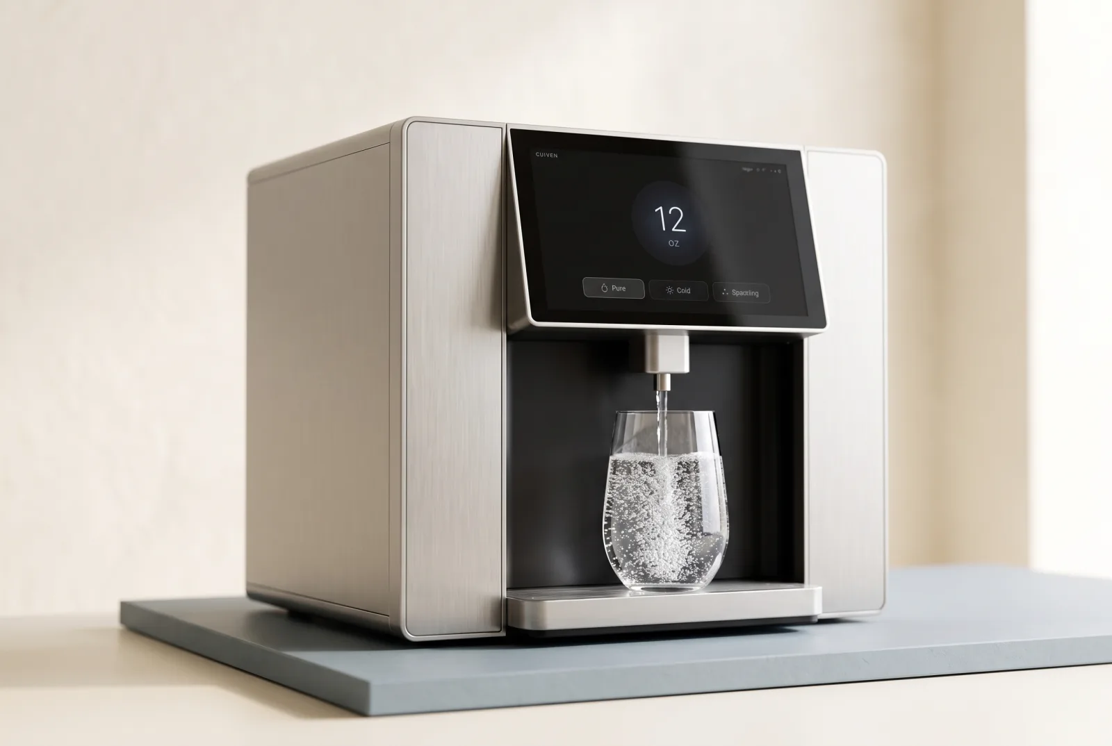 The Opus system dispensing water dense with fine hydrogen micro-bubbles into a glass