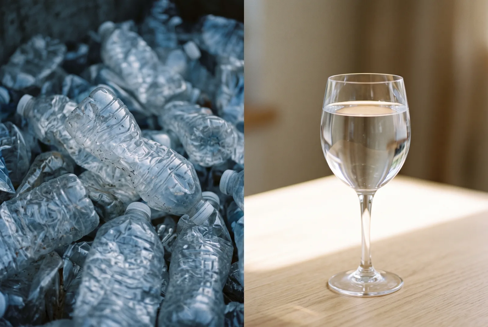 A pile of discarded plastic water bottles beside a single elegant glass of water
