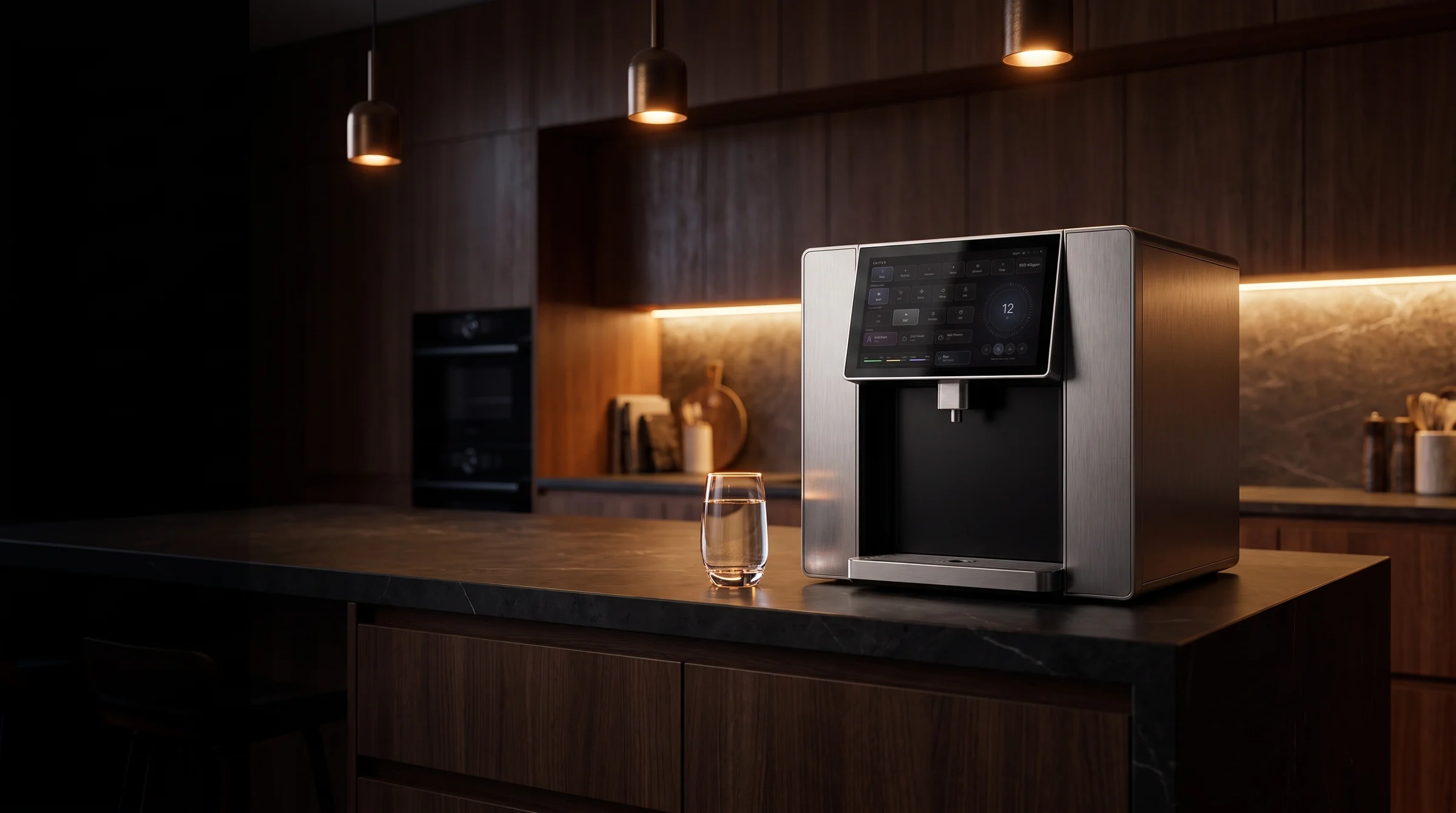Cuiven Opus hydration system on a marble island in a quiet kitchen