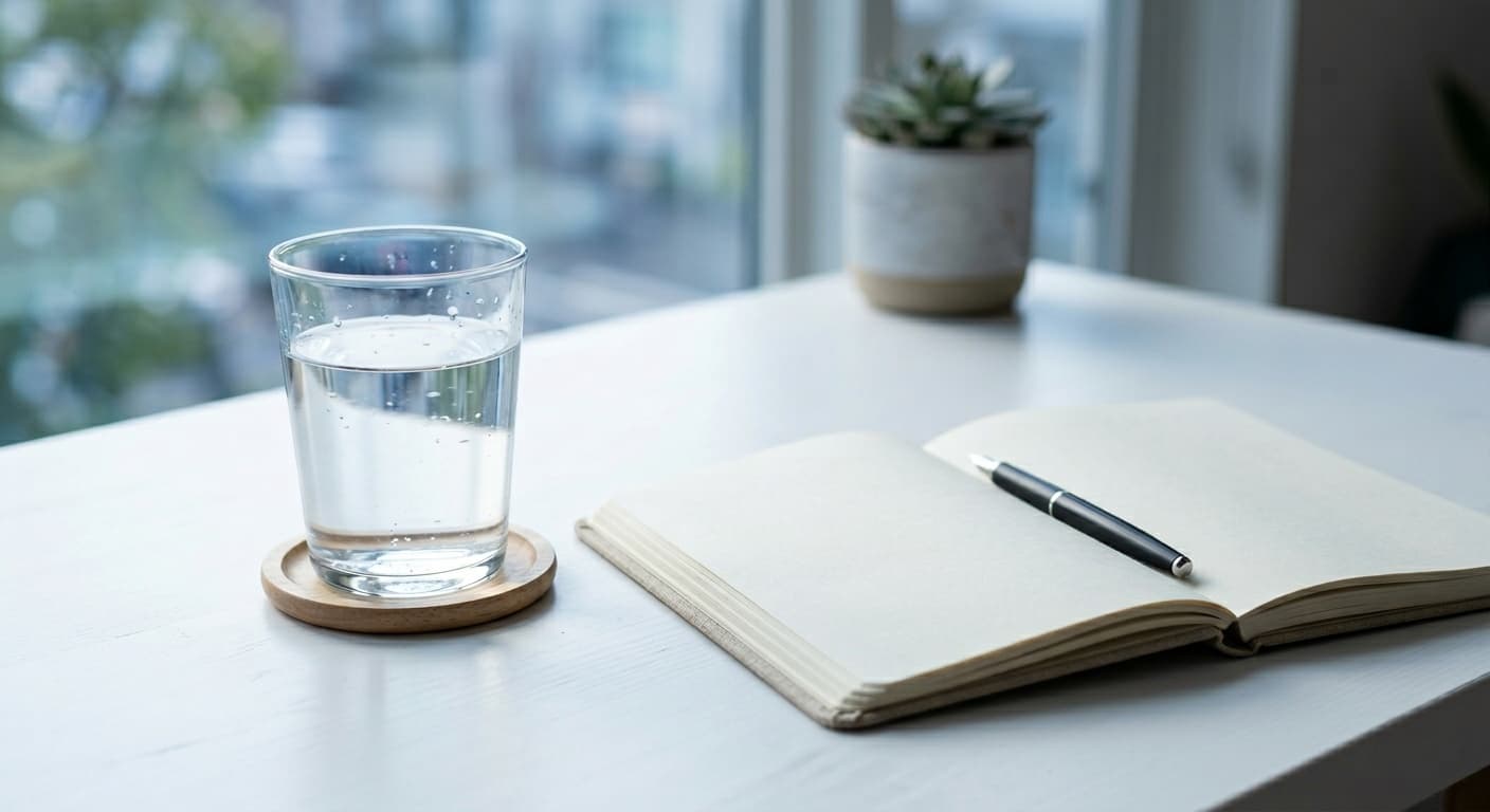 A glass of clear water beside a notebook and pen