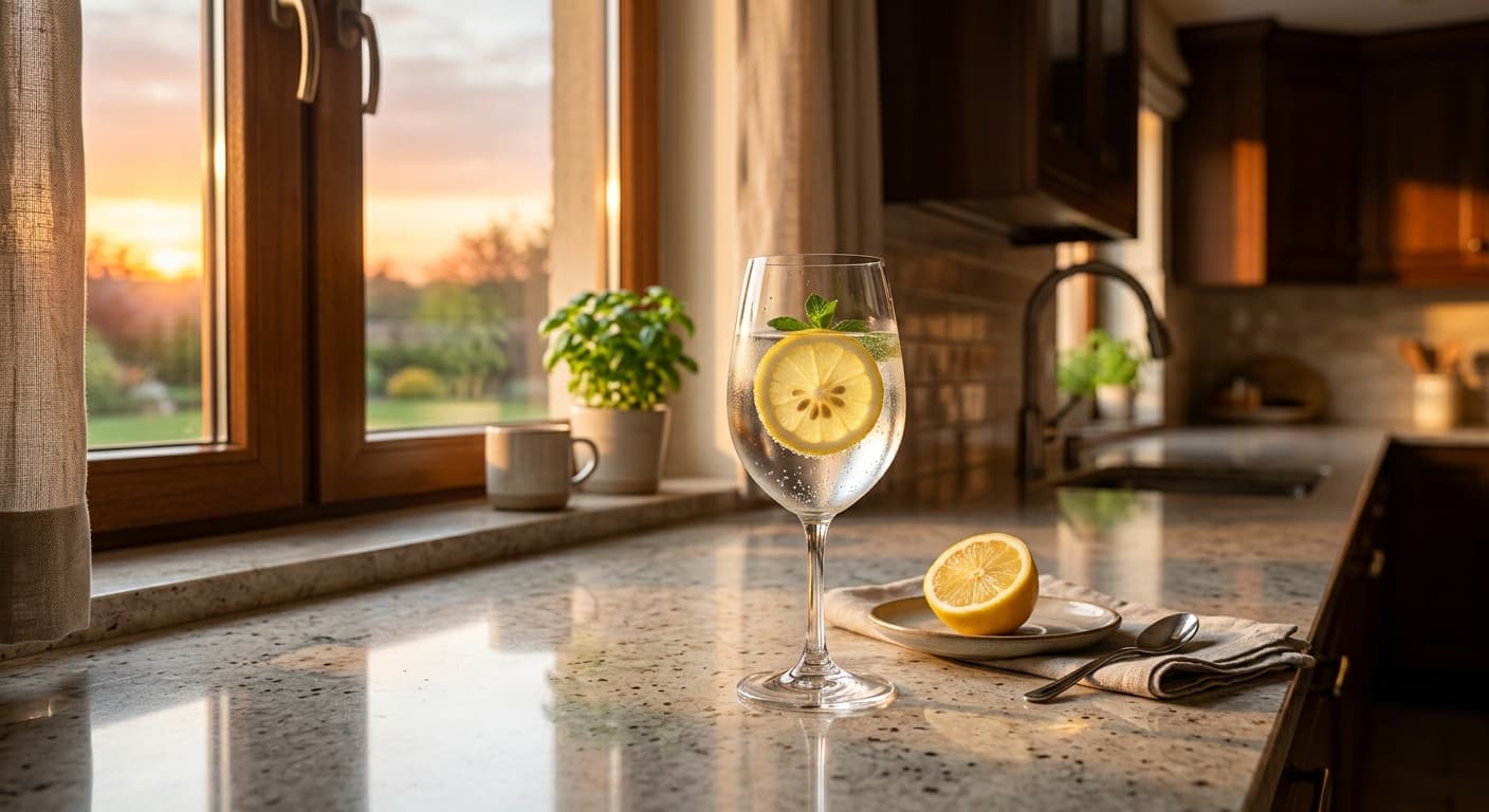 A glass of sparkling water garnished with lemon and mint on a kitchen counter
