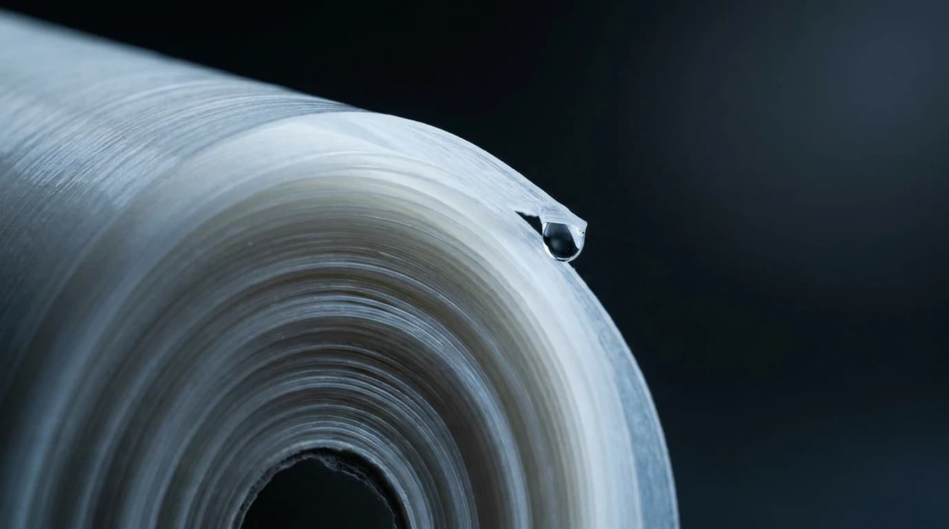 Close view of a rolled membrane and a droplet of water