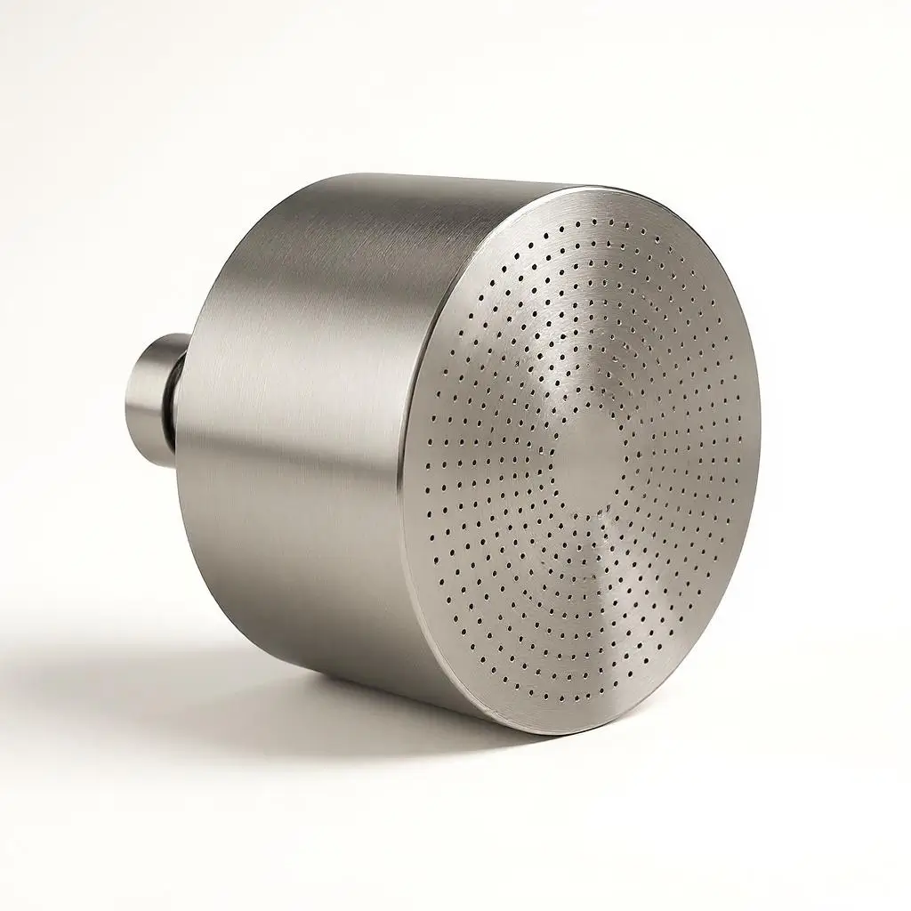 Monolith with a brushed metal cylindrical body and flush rainfall face