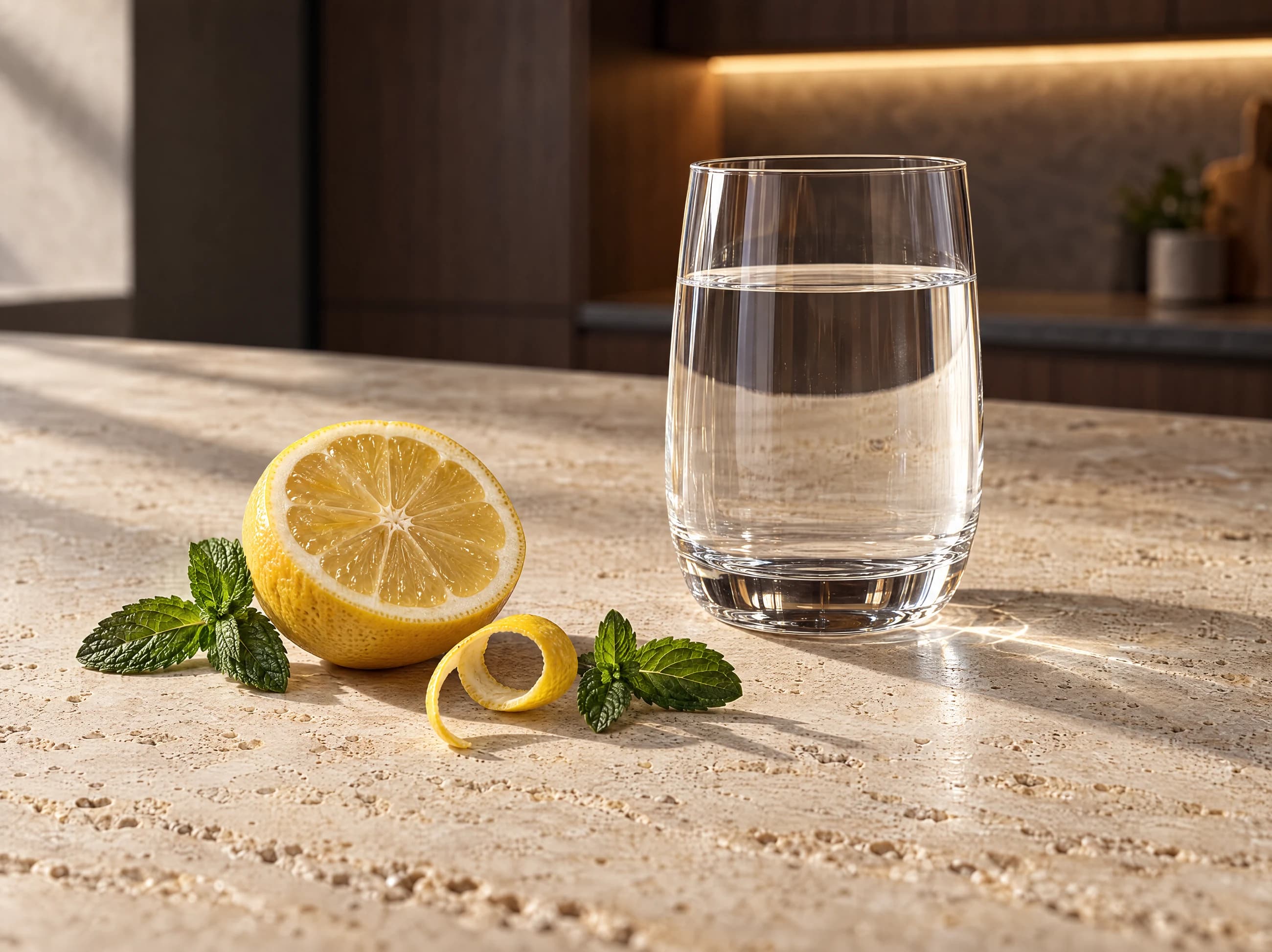 Citrus, mint and ginger arranged beside a glass of water