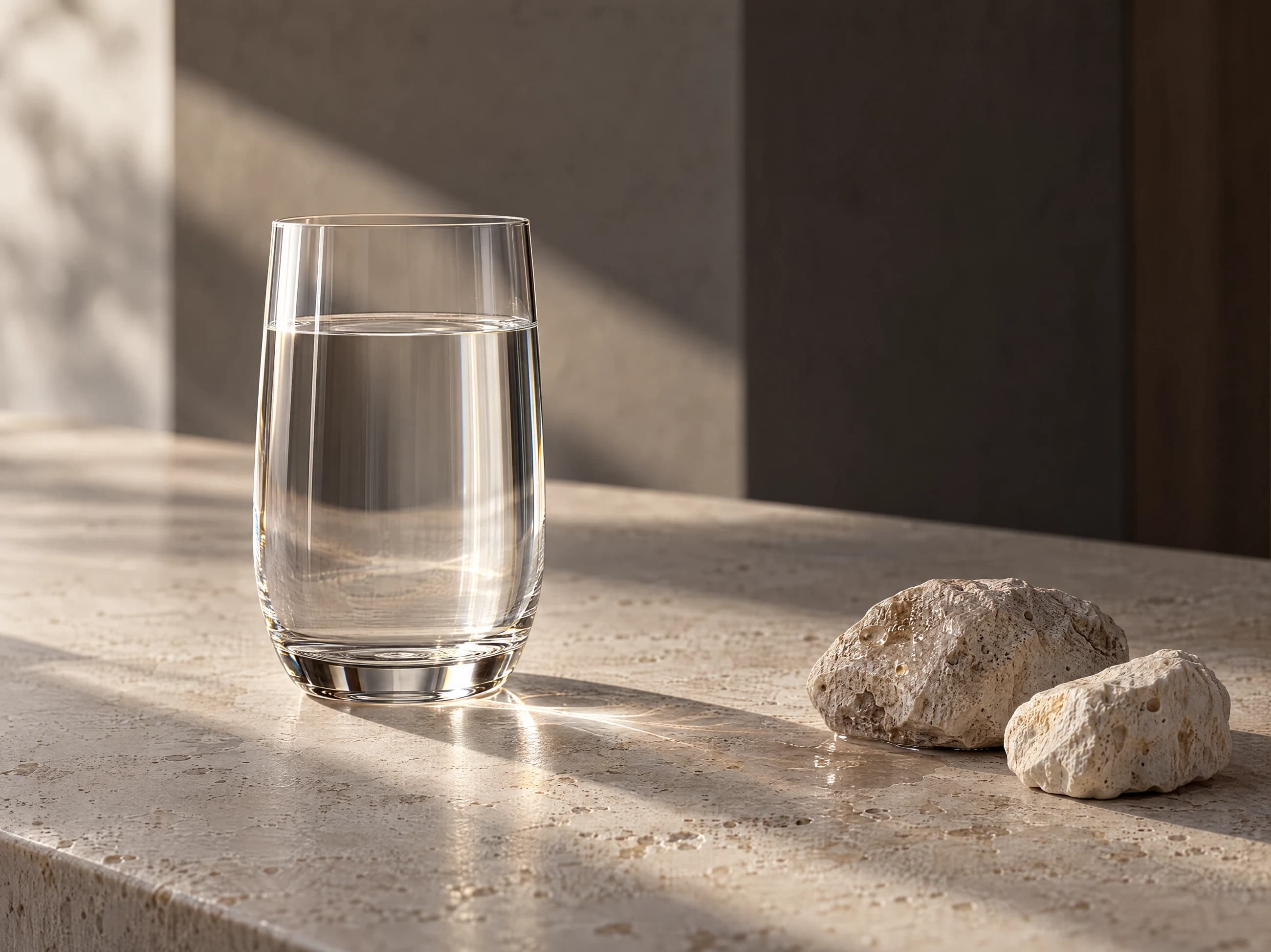 A glass of water and pale mineral stone on a warm neutral surface