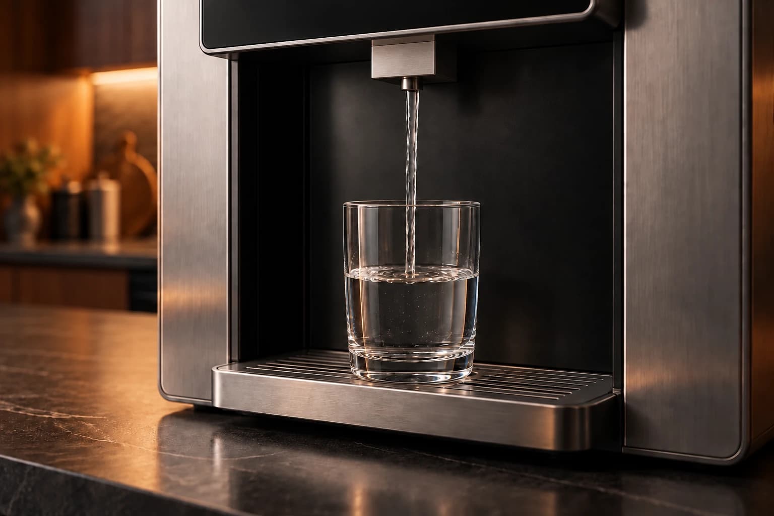 A clear stream from Atelier’s metal outlet filling a glass on the dispensing tray