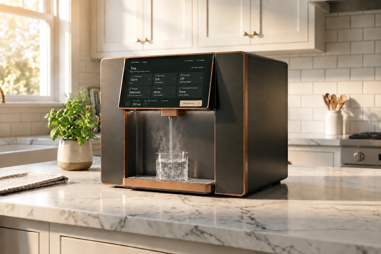 Atelier Countertop dispensing water into a glass beneath its central outlet