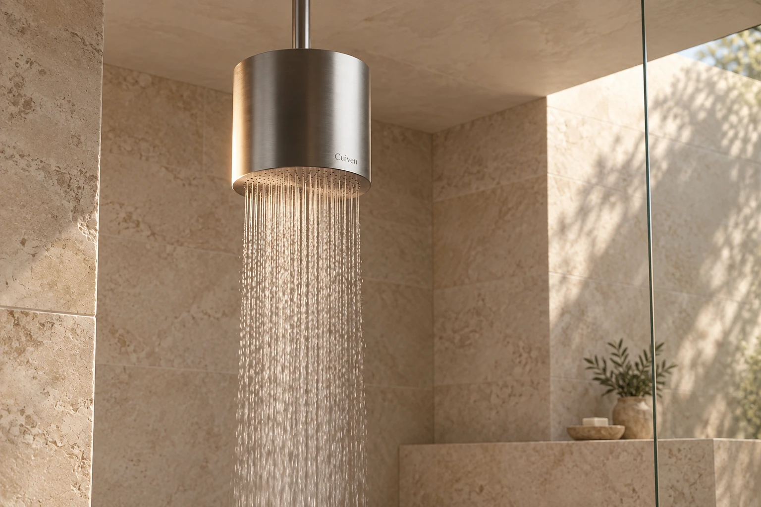 Brushed metal Monolith suspended from the ceiling of a limestone shower, with rainfall flowing beneath it